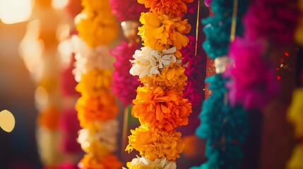 Obraz premium Colorful floral garlands hanging, market stall, festival bokeh