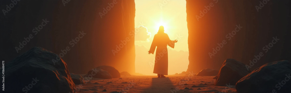 Poster a silhouette of jesus shines with light rays from the sky as he leaves the empty tomb on easter morn