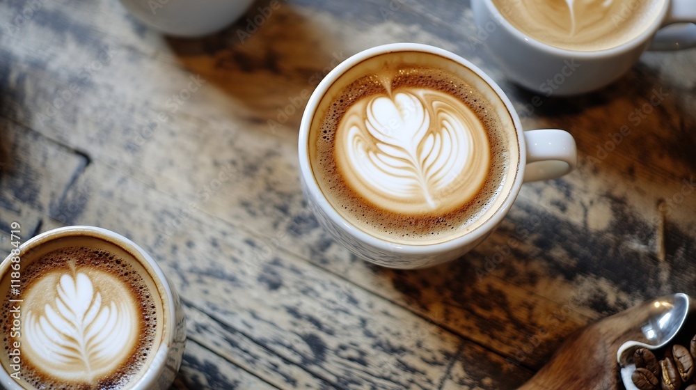 Poster artistic latte art in ceramic cup on rustic wooden table : generative ai