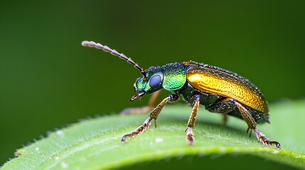 Macro CloseUp of Vibrant Green and Gold Beetle on Leaf in Natural Habitat : Generative AI