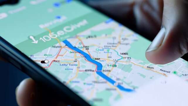 A person is pointing at a map on their phone, which shows a route to a destination. The person's finger is hovering over the map, indicating that they are considering which route to take