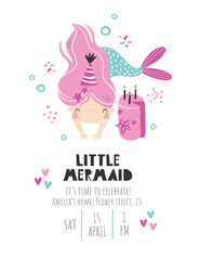 Vector template children's birthday party invitation. Mermaid party. Kids party in sea style. Cute girl mermaid, hearts, pink cake. Baby shower. Baby Girl. Happy Birthday kids card. Newborn party.