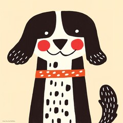 A cheerful, cartoon-style black and white dog with a red collar, featuring playful facial expressions and a friendly demeanor.