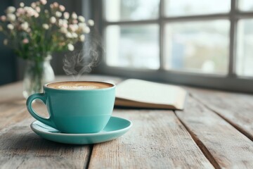 Cozy Cup of Coffee on Wooden Table with Book and Flowers Nearby