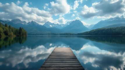 Lakeside view with wooden dock and towering peaks under fluffy clouds