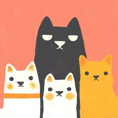 Obraz premium A colorful illustration featuring four stylized cats with distinct expressions against a vibrant background.