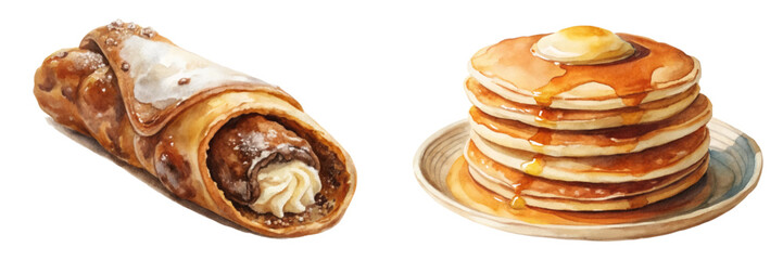Delicious dessert options, sweet pancakes, chocolate-filled pastry, watercolor illustration, food art, breakfast treats.