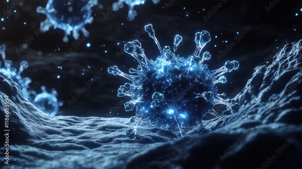 Poster Detailed 3D visualization showcasing virus structure with glowing elements and RNA strands amid a scientific backdrop. Generative AI