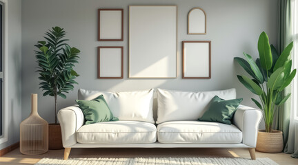white sofa a sunlit living room with green accents