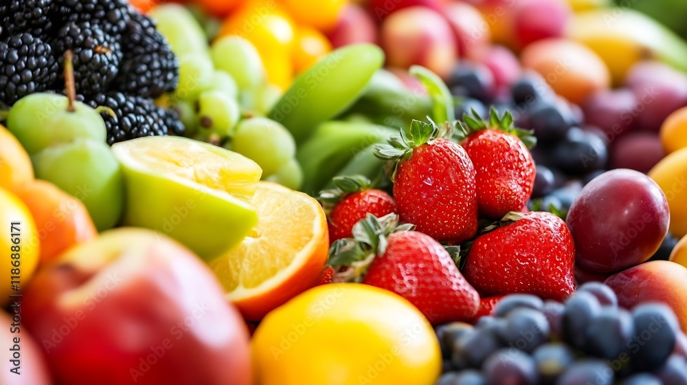 Poster Assorted Fresh and Colorful Fruits Including Berries Apples and Oranges for a Vibrant Summer Display : Generative AI
