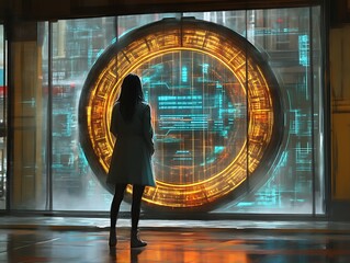 Woman Gazing at Futuristic Circular Portal: Cyberpunk Digital Art
