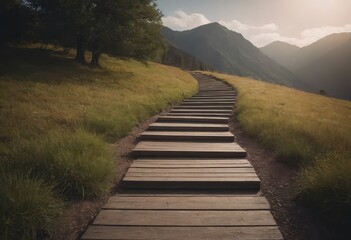 Wooden path through a grassy field with mountains in back