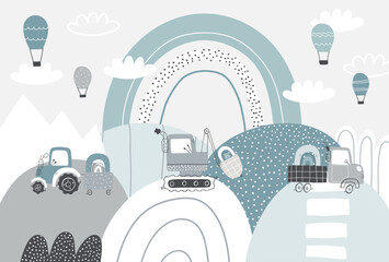 Vector children hand drawn cute construction cars, mountain landscape, balloons and clouds. Boho trendy design. Scandinavian. Illustration. Kids wallpaper design. Baby room design, wall decor, mural. © ZHUKO