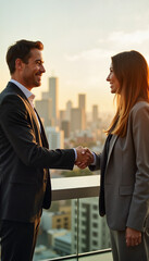 Nervous job interview Satisfied client handshake Business handshake between man and woman on rooftop at sunset