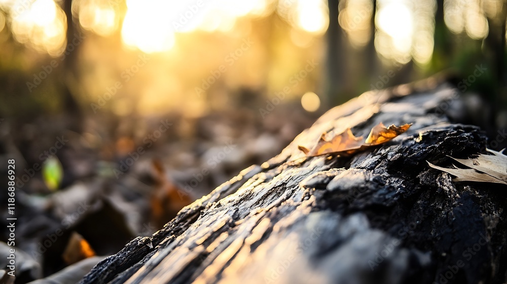 Poster close up of sunlit log with autumn leaves in a serene forest during golden hour : generative ai