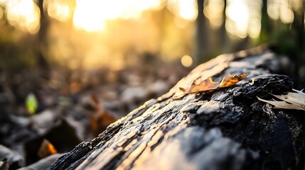 Close up of sunlit log with autumn leaves in a serene forest during golden hour : Generative AI