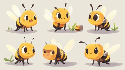 Six adorable cartoon bees in various poses, including a baby bee.