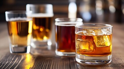 Variety of whiskey glasses with different whiskeys on rustic wooden bar counter set for tasting : Generative AI