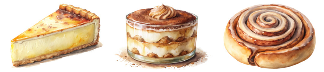 Delicious dessert trio, creamy cheesecake slice, rich tiramisu cup, sweet cinnamon roll. Perfect for food lovers.