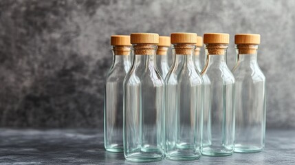 Collection of Empty Glass Bottles with Wooden Cork Stopper on Dark Background