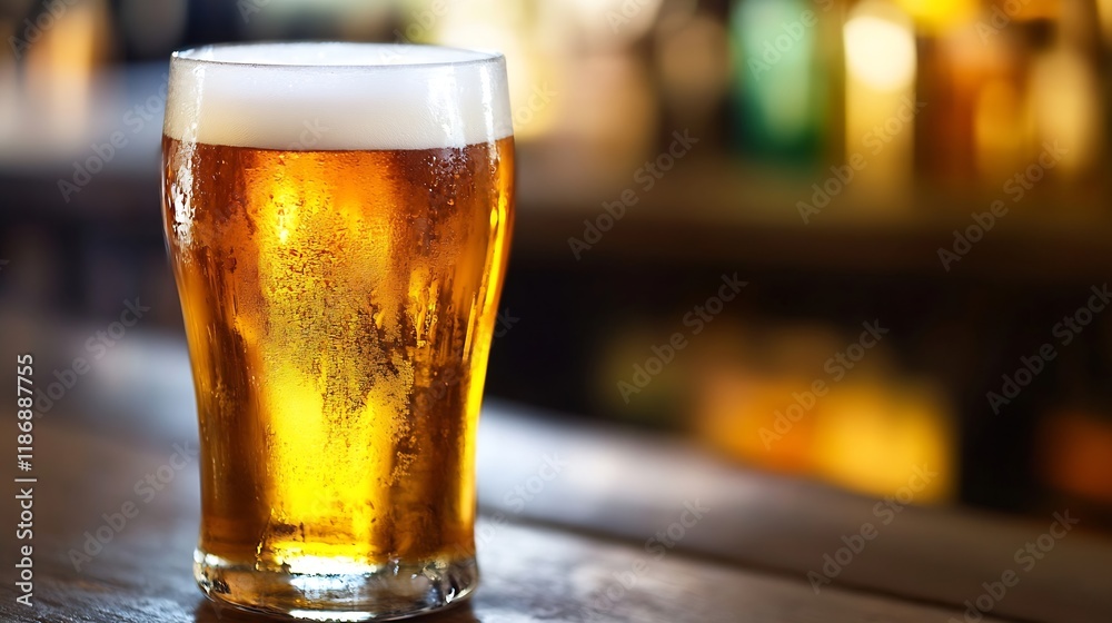 Poster Refreshing Pint of Cold Amber Beer in a Pub Setting with Soft Focus Background : Generative AI
