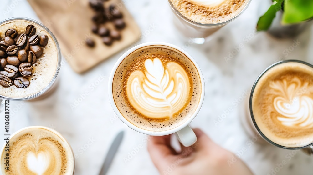 Poster artistic latte art coffee surrounded by fresh beans on a marble table : generative ai