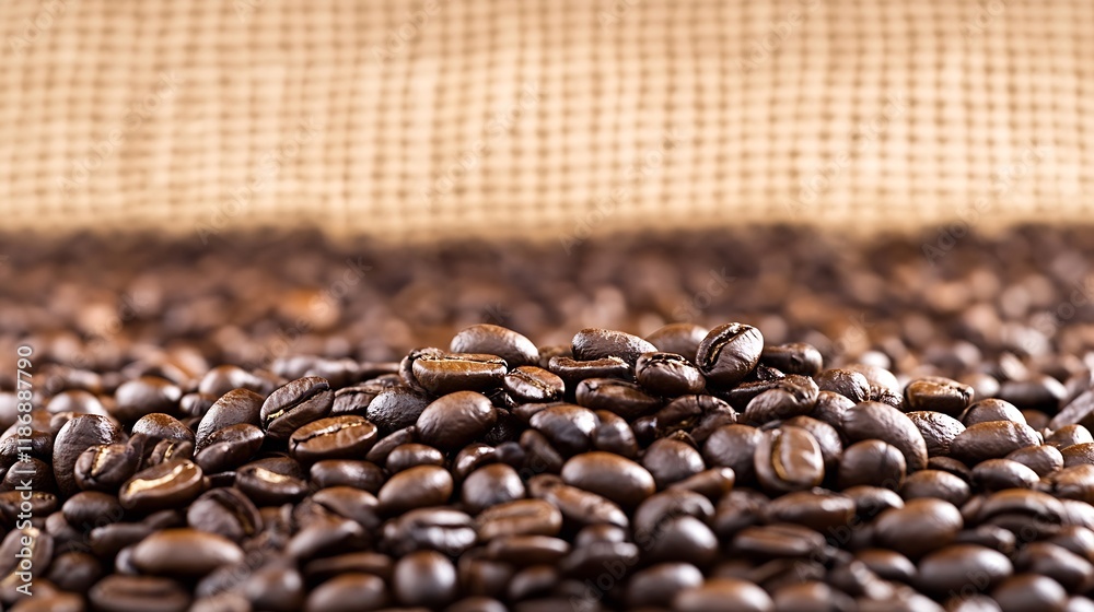 Poster close up of freshly roasted coffee beans with textured burlap backdrop : generative ai