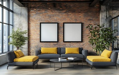 Modern loft apartment living room with exposed brick wall, city view