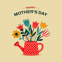 Happy Mother's Day. Cute garden red watering can in polka dots with flowers. Bouquet of spring flowers. Greeting card for birthday, international women's day, mother's day. Flat vector illustration.