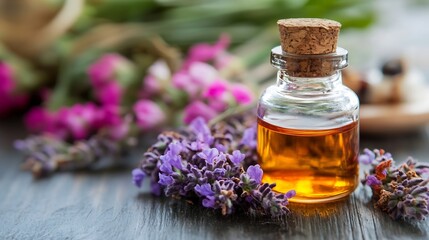 Lavender Essential Oil Bottle with Purple Flowers on Wooden Table : Generative AI