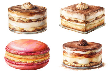 Delicious dessert illustrations, watercolor style, gourmet cakes, macarons, sweet treats, food art, culinary design.