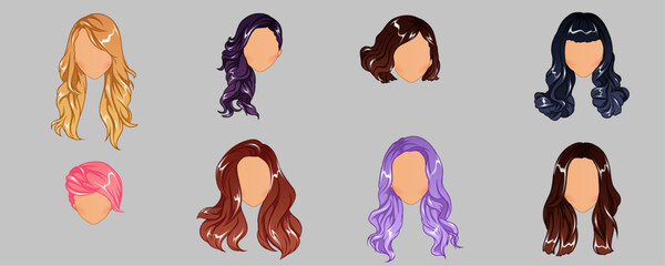 Women wigs hairstyle realistic icons vector.Realistic female hairstyles set Vector.