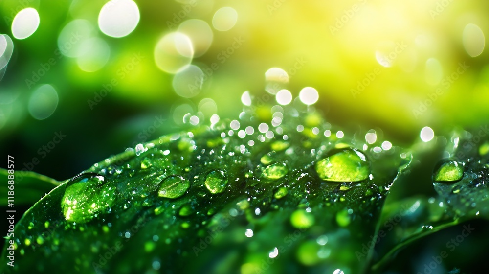 Poster macro shot of dew droplets on fresh green leaves in sunlit nature setting : generative ai