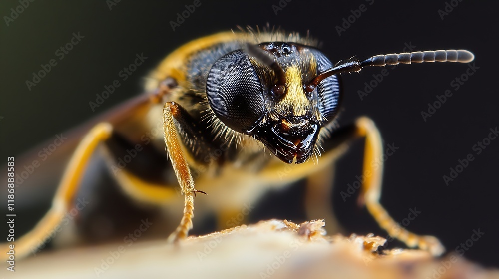 Aufkleber Close Up of a Wasp Staring Intently at the Camera on a Dark Background in Macro Photography : Generative AI