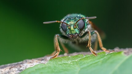 Fototapeta premium Closeup of Vibrant Tiny Green Bee with Intricate Details on Leaf : Generative AI