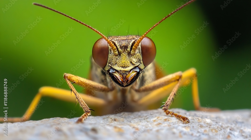 Poster closeup of brown grasshopper on rock with green blurred background : generative ai