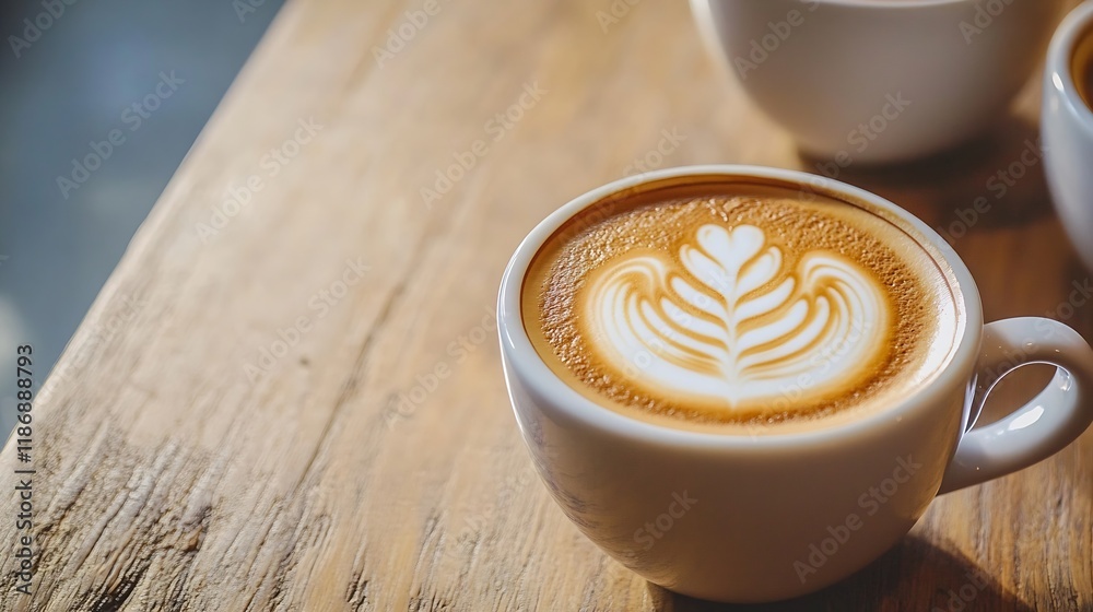 Aufkleber Artful coffee latte with intricate foam heart design in warm natural light on wooden table : Generative AI