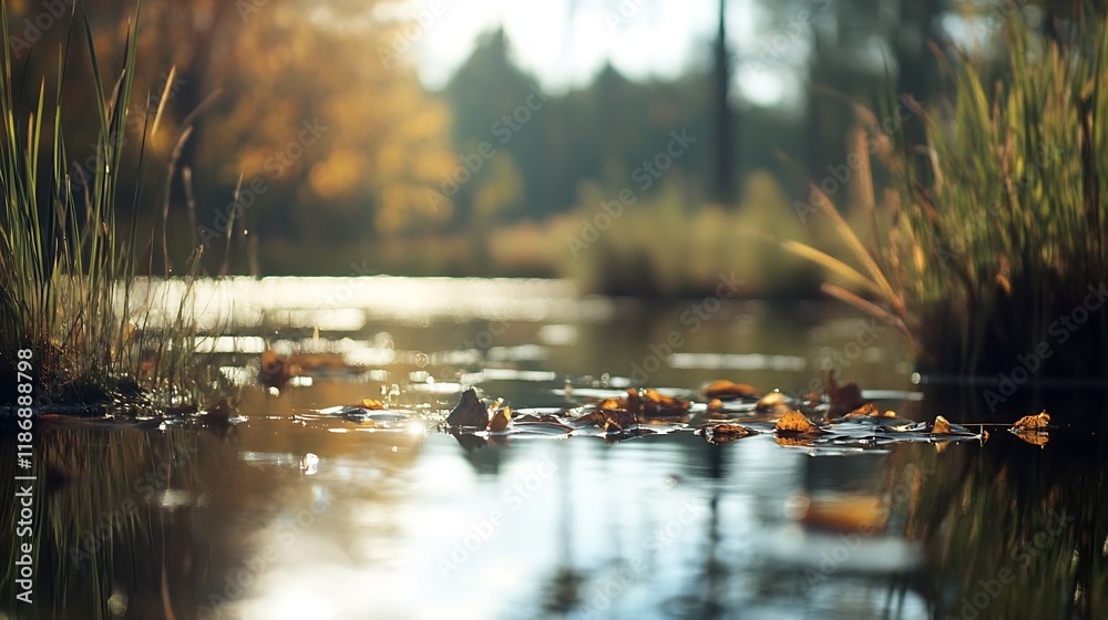 Aufkleber serene autumn lake scene with reflections of fall leaves and tranquil atmosphere : generative ai