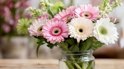 Obraz premium Beautiful Bouquet of Pink and White Daisies in Glass Vase on Wooden Table : Generative AI
