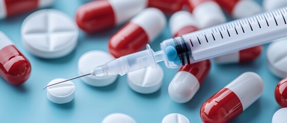 Syringe and pills on a blue background.