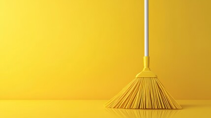 Yellow broom against yellow wall.