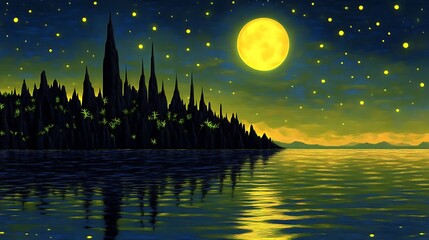 Night Sky Cityscape Over Calm Water