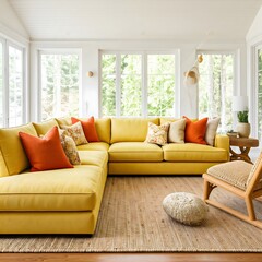 minimalist living room bathed in natural light from a large window. Frame mockup, Living room wall poster mockup. Interior mockup with house background. Modern interior design. 