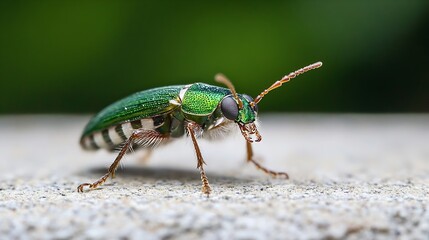 Fototapeta premium Closeup of a Vibrant Green Beetle on a Smooth Surface in Natural Light : Generative AI