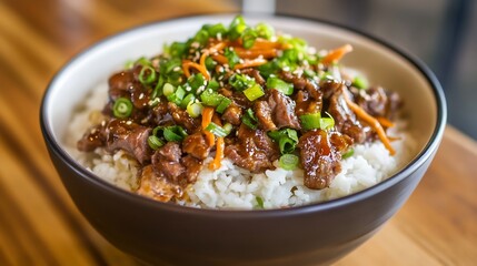 Fototapeta premium Delicious Beef Stir Fry Bowl with Rice and Fresh Vegetables for a Tasty AsianInspired Meal : Generative AI