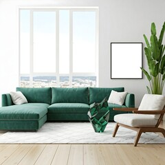 Fototapeta premium minimalist living room bathed in natural light from a large window. Frame mockup, Living room wall poster mockup. Interior mockup with house background. Modern interior design. 