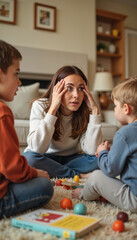 Overwhelmed parent Overwhelmed mother sitting with kids in living room