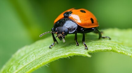 Fototapeta premium Detailed Macro Image of Orange Black Ladybug on Leaf in Garden Setting : Generative AI