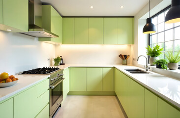 Fototapeta premium Light Lime Modern Kitchen Interior Design. Contemporary kitchen featuring light lime cabinets, white countertops, black pendant lights, and lush green plants by the window.