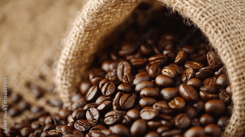 Poster sack of fresh roasted coffee beans with rich aroma and rustic burlap texture : generative ai
